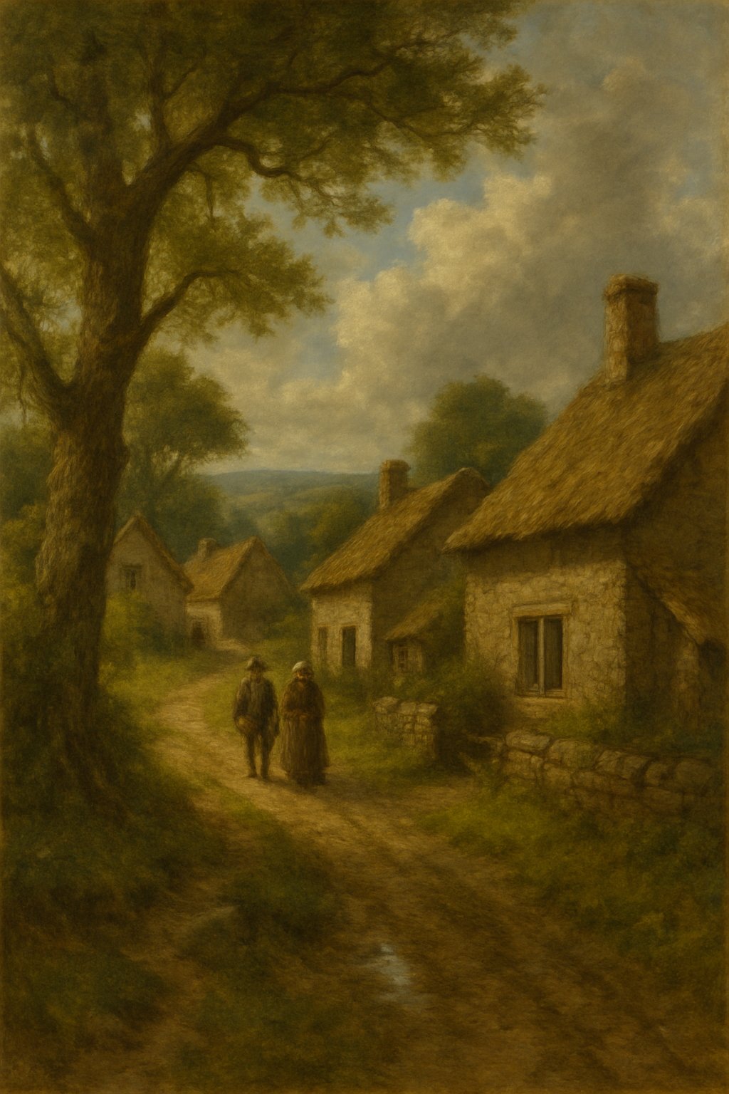A lane through a Yorkshire village of stone and thatched cottages