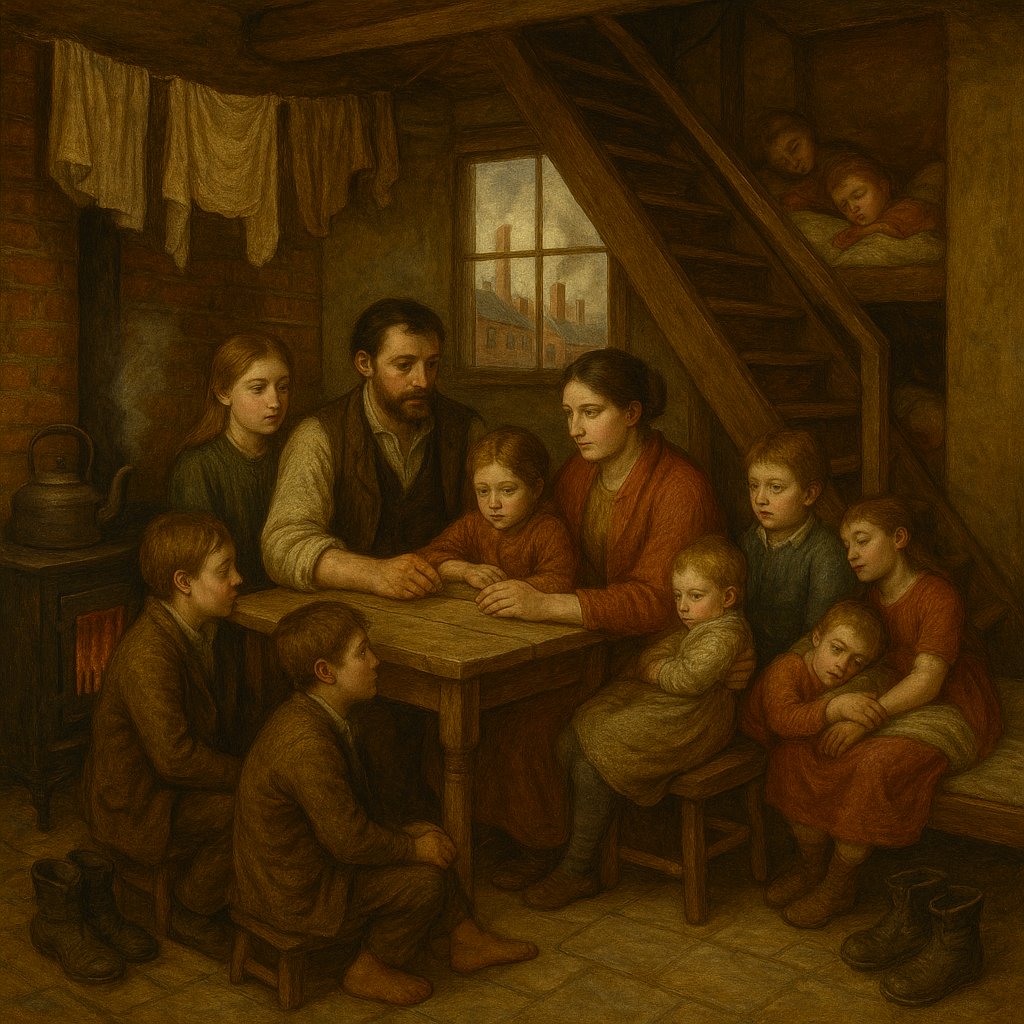 A Victorian working-class family gathered in a humble cottage interior