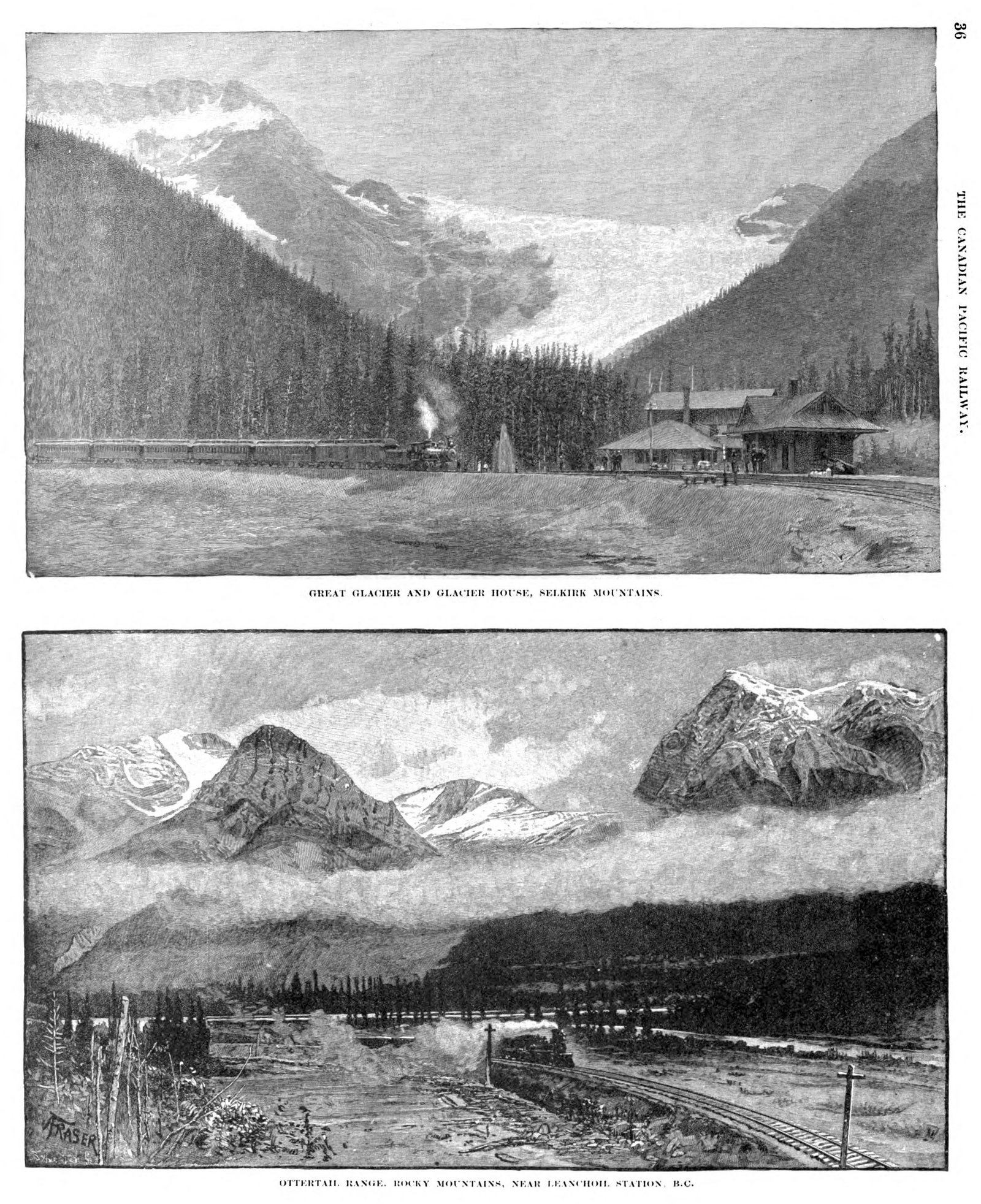 Engraving of a Canadian Pacific Railway train passing through the mountains