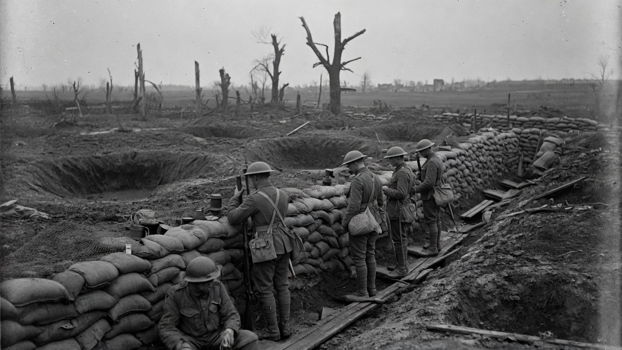 Canadian infantry of the First World War in a sandbagged trench on the Western Front