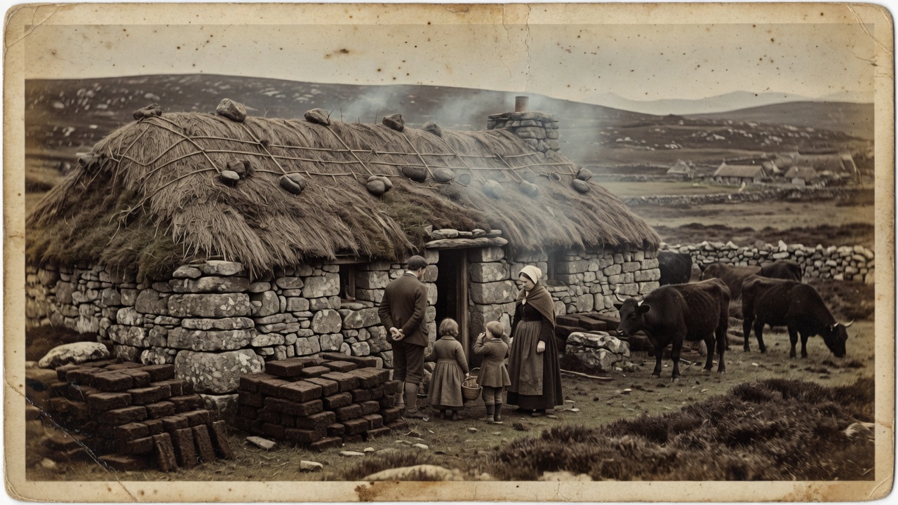 A Hebridean blackhouse with a thatched roof, a crofting family, and cattle
