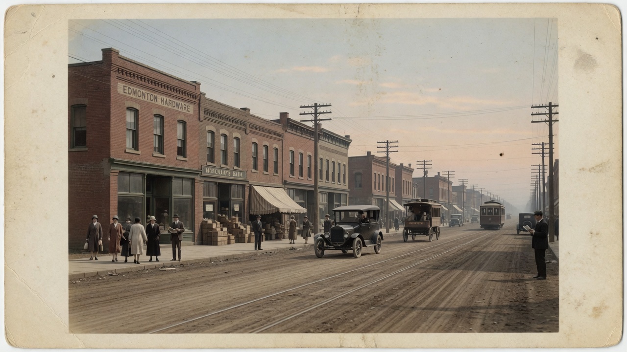 An Edmonton street in the 1920s with brick storefronts, early automobiles, and a streetcar