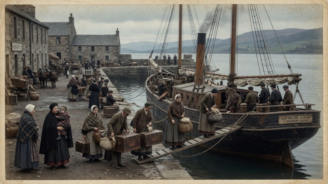 An emigrant ship boarding at a Scottish quay, families carrying trunks aboard