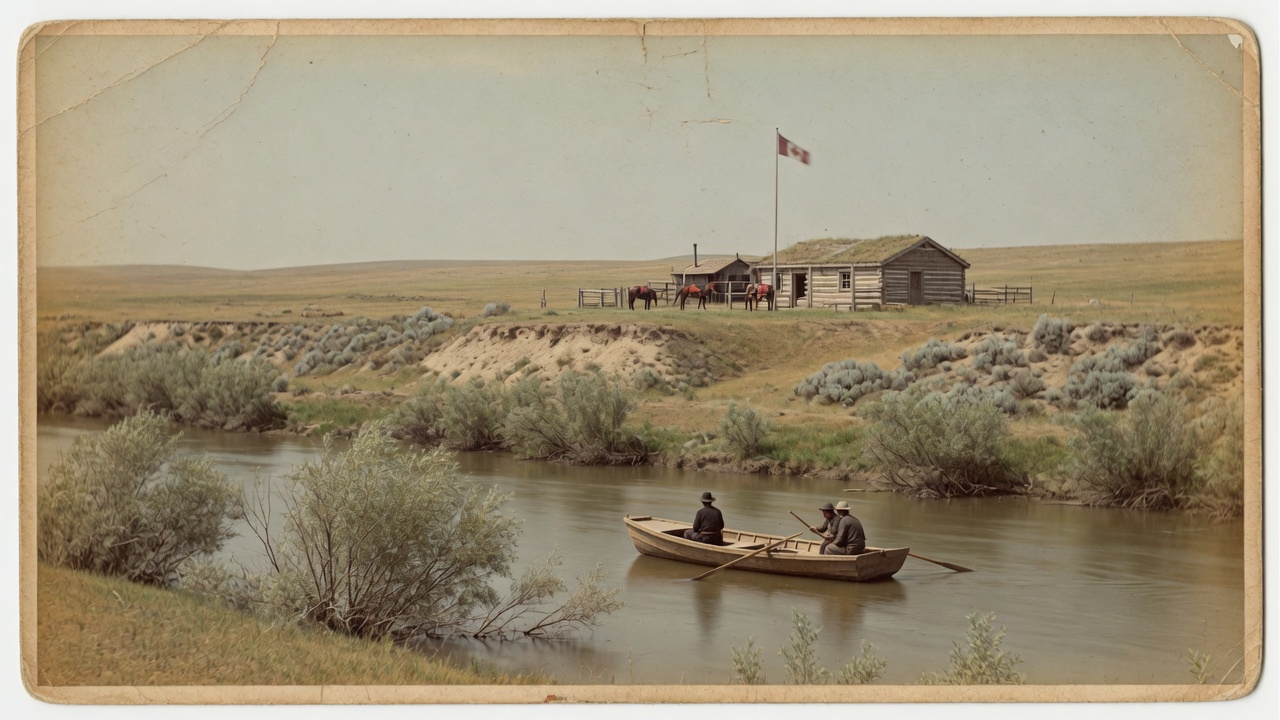 A prairie river near Maple Creek with a small boat and a Mounted Police post on the bank