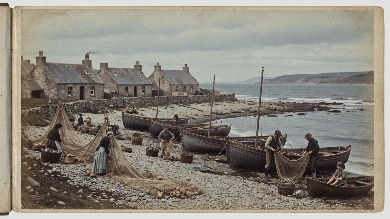 A fishing village on the Moray Firth coast with boats drawn up and nets drying