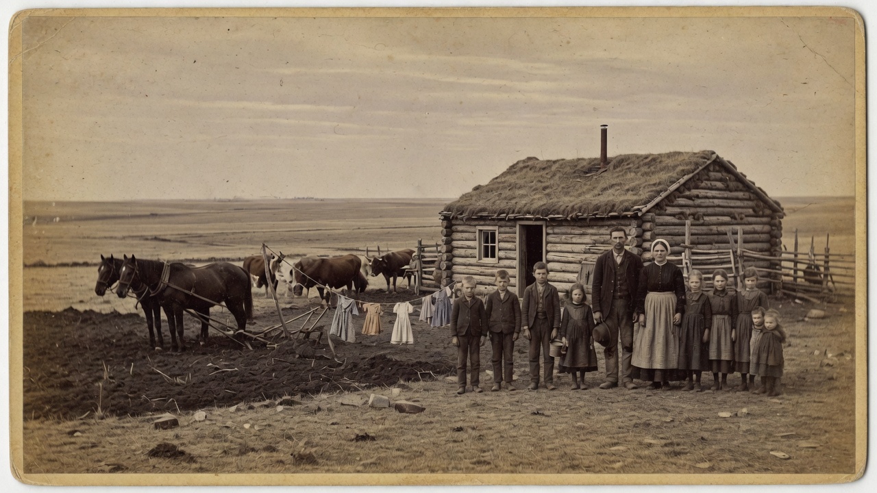 A sod-and-log homestead on the Saltcoats prairie with a large family posed outside