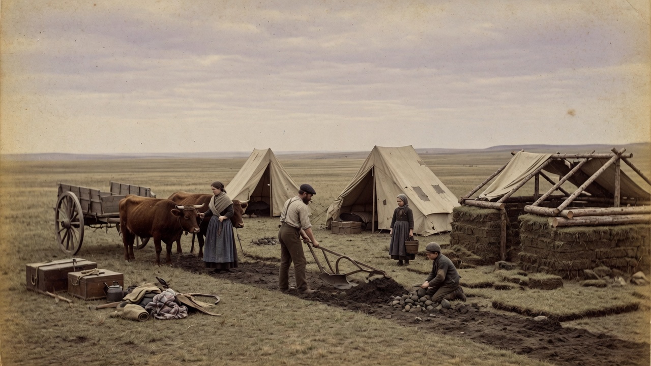 A first prairie camp of Hebridean settlers with tents, an ox-cart, and a half-built sod shanty