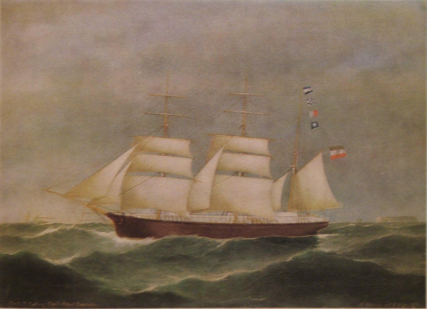 A three-masted barque under sail in the 1870s