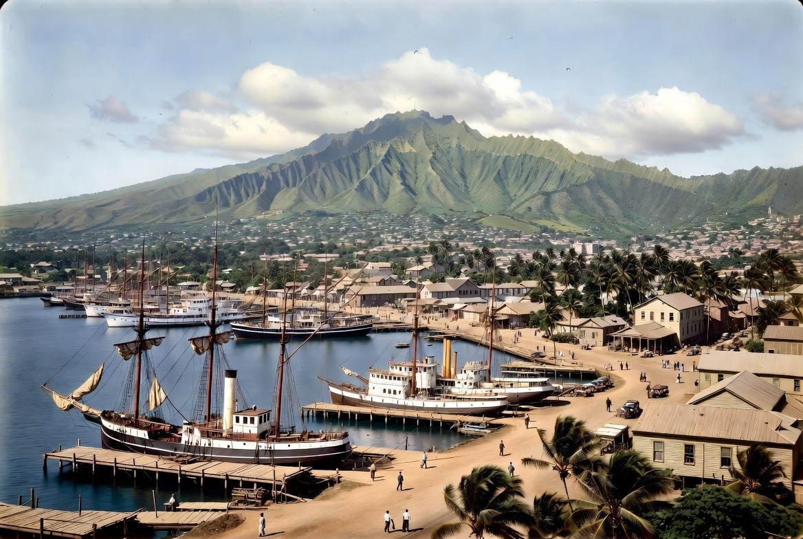 A Hawaiian Kingdom-era harbour with sailing ships, wharves and a green mountain ridge
