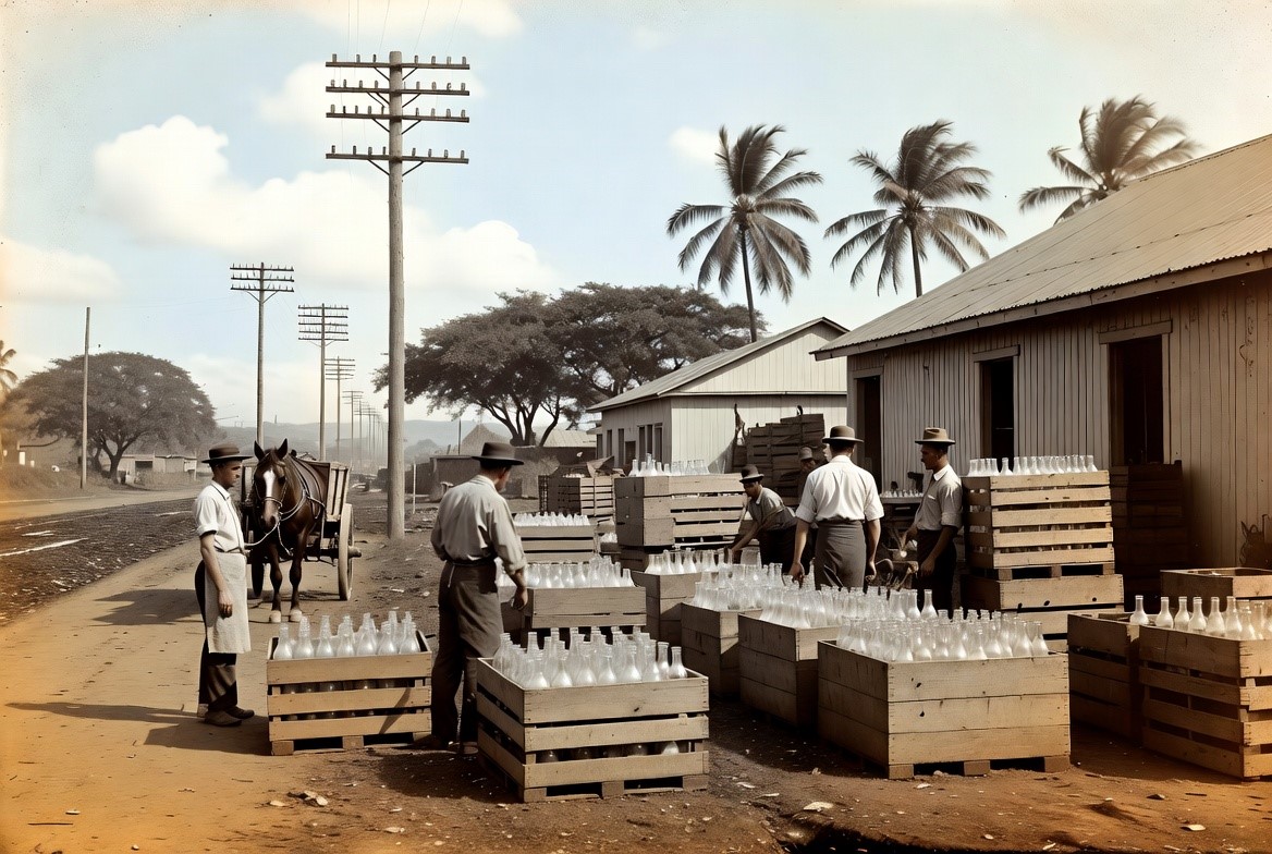 An early-1900s soda-works stacking crates of glass bottles on a Honolulu street