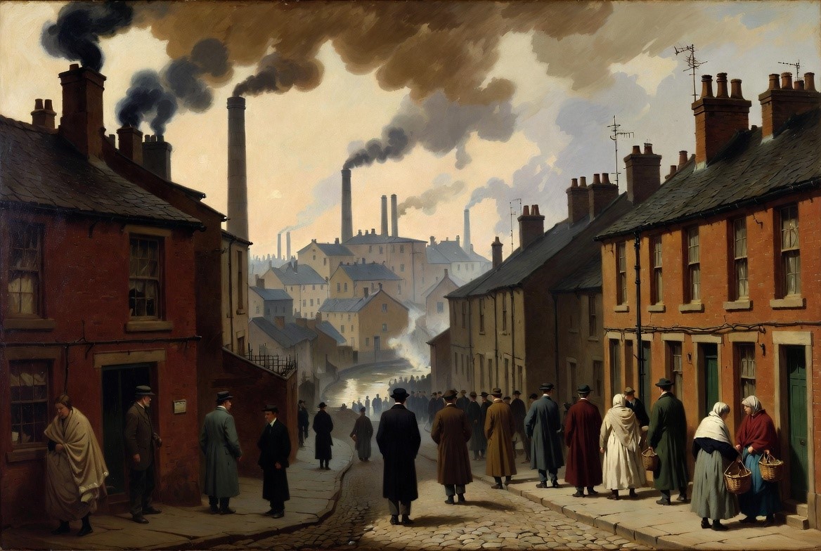 A soot-blackened back-to-back terrace street in Victorian industrial Leeds