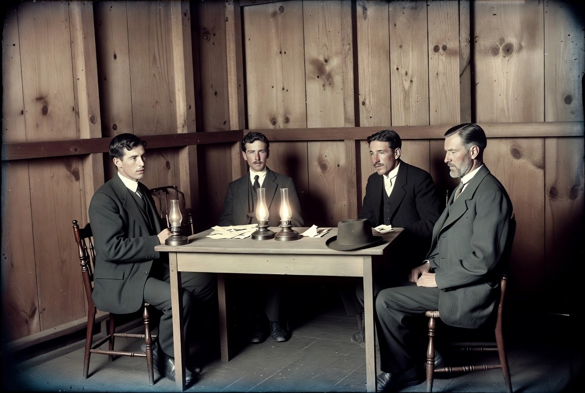 Four men at a lamplit table drawing folded paper slips from a hat, 1920