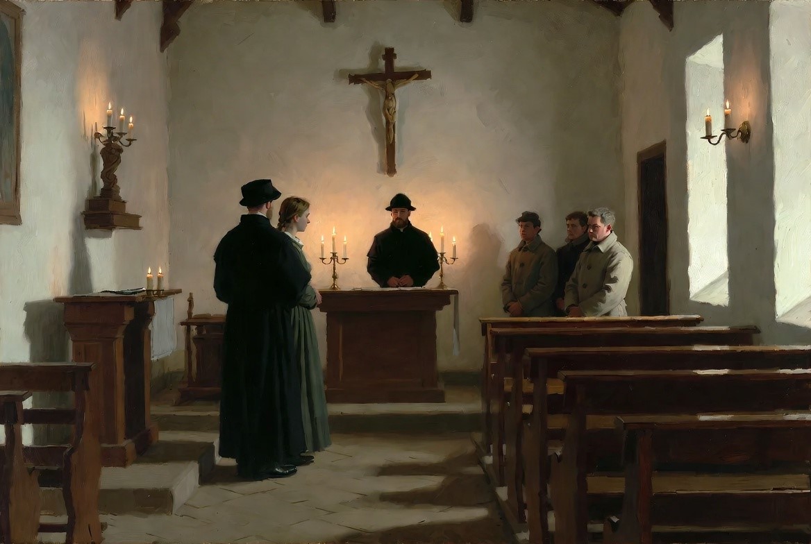 Interior of a plain rural Lutheran chapel, winter, 1850s