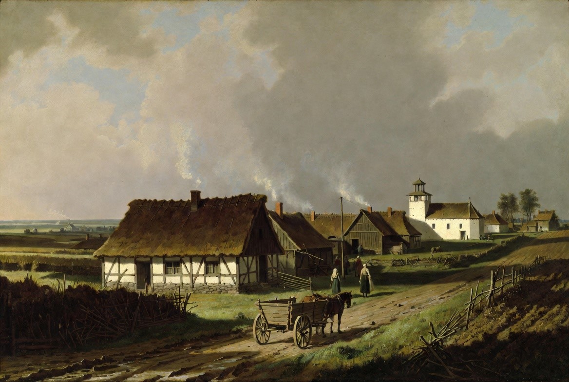 A German Lutheran farm village on the flat central-Polish plain, 1800s