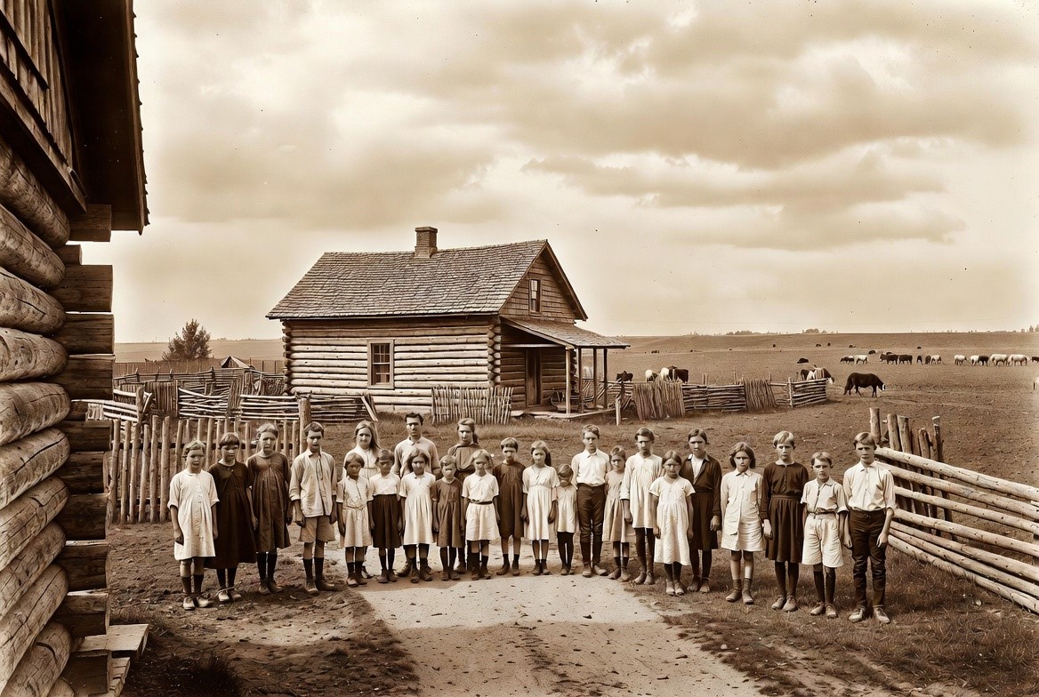 A grown German-Lutheran prairie farmstead with a large family, central Alberta, around 1910