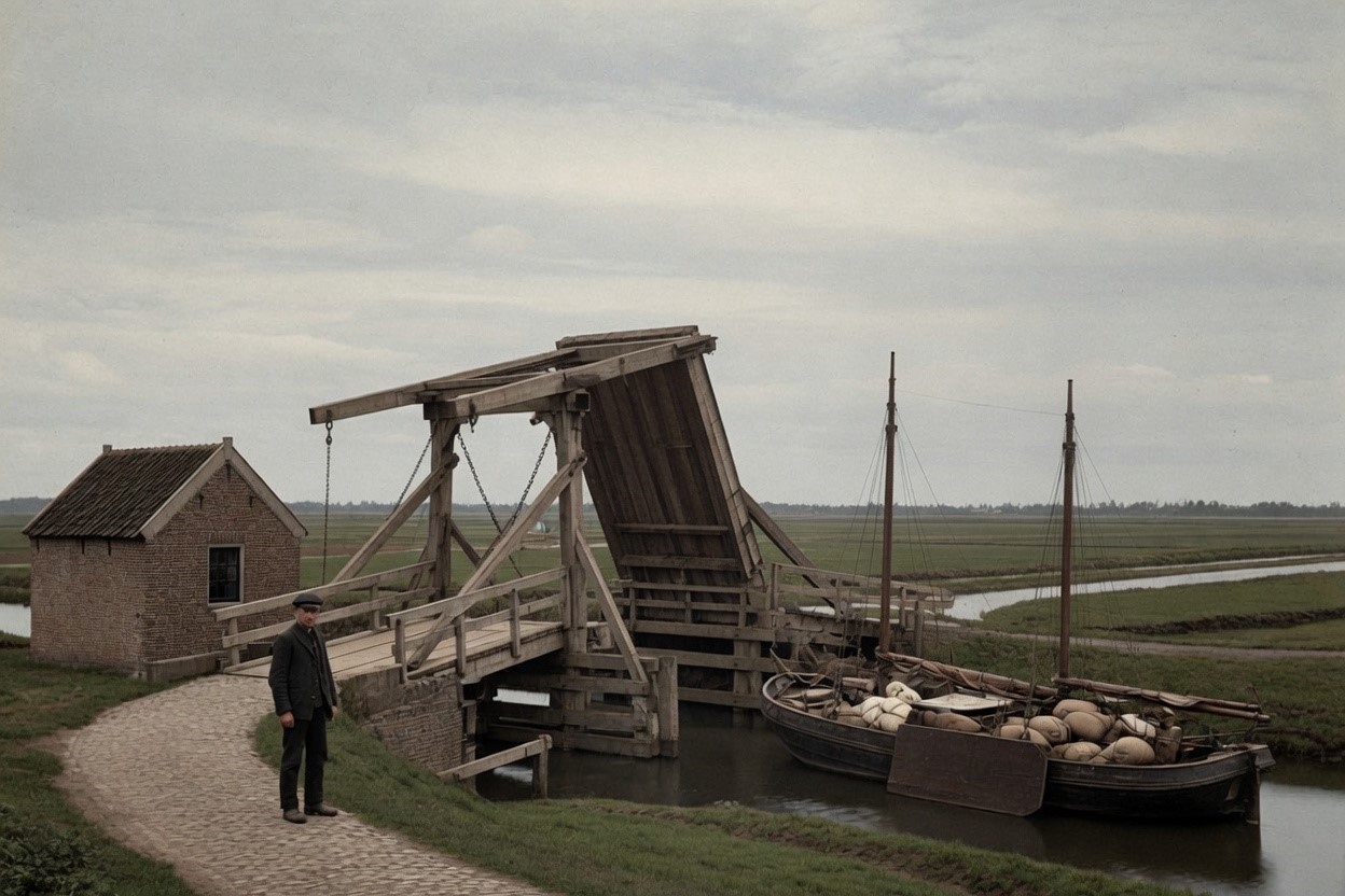 A Dutch canal drawbridge with its bridge-keeper, around 1900