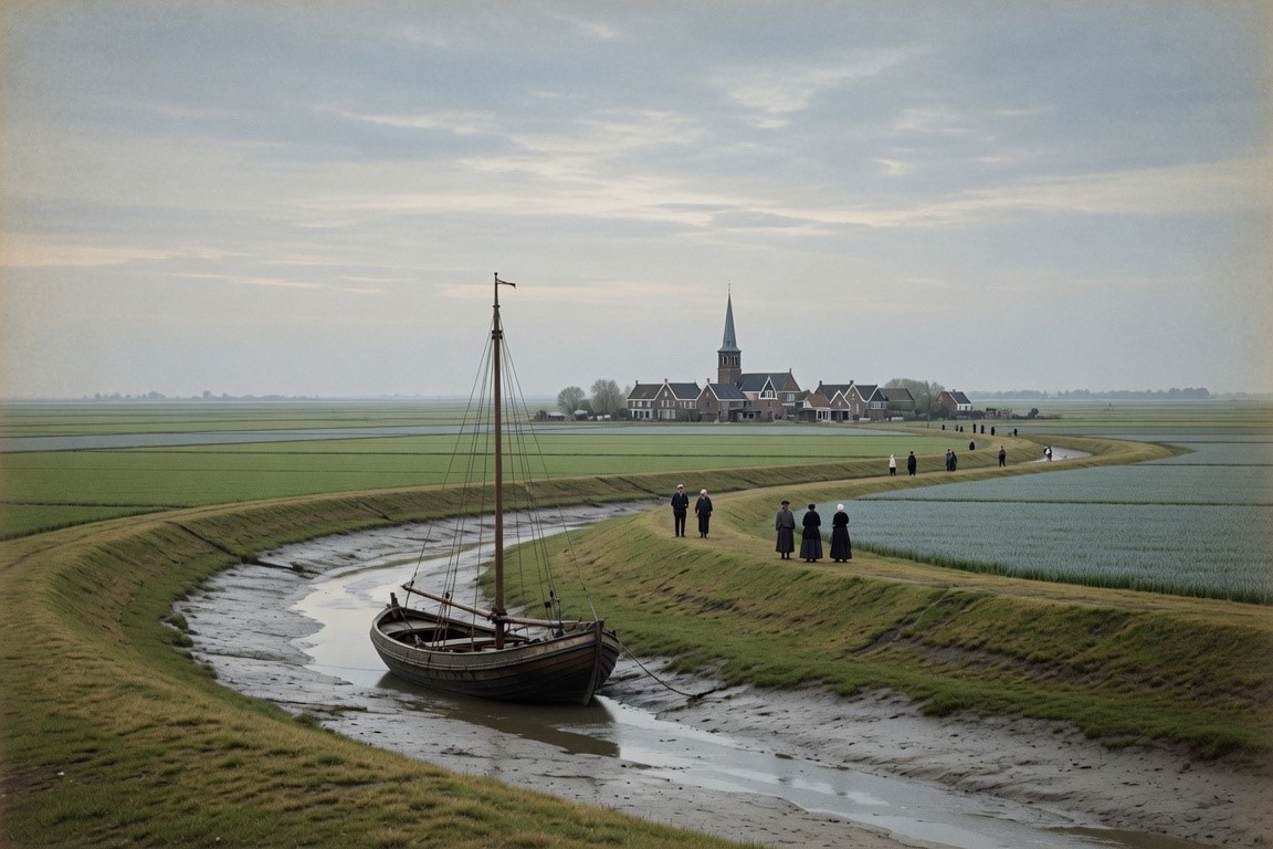A flat Dutch delta island of dikes, fields and a fishing creek, 1800s