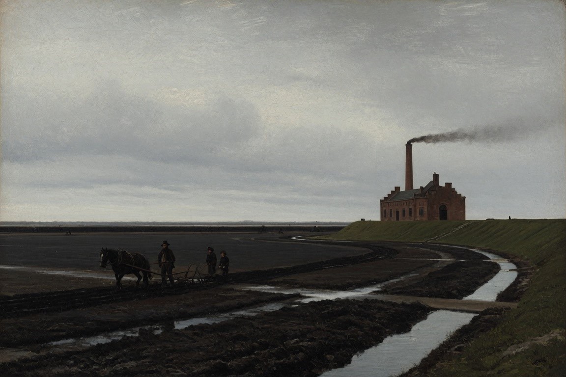 The newly drained Haarlemmermeer polder with a steam pumping station, 1850s