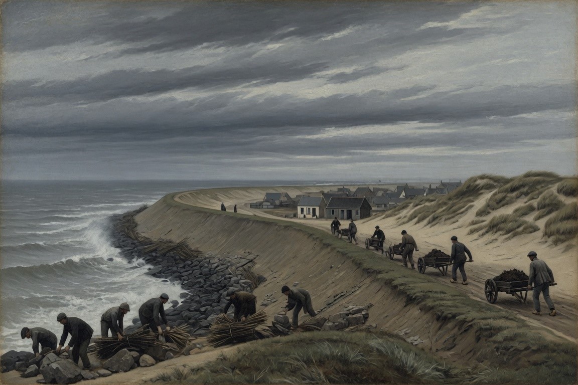 Dike-workers reinforcing a North Sea sea-dike in the dunes, early 1800s
