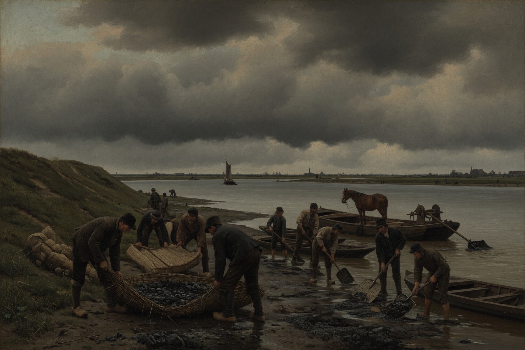 Labourers dredging a river and building a dike on the Dutch riverside, 1800s