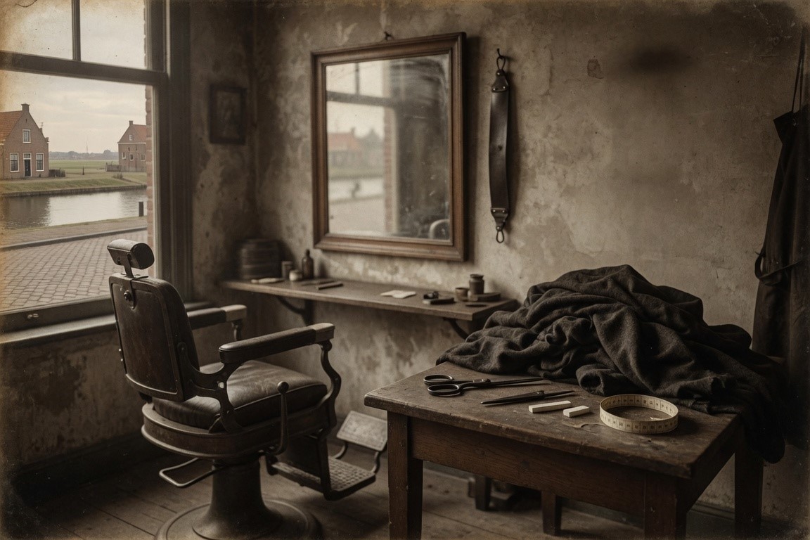 Interior of an early-twentieth-century Dutch village tailor and barber shop