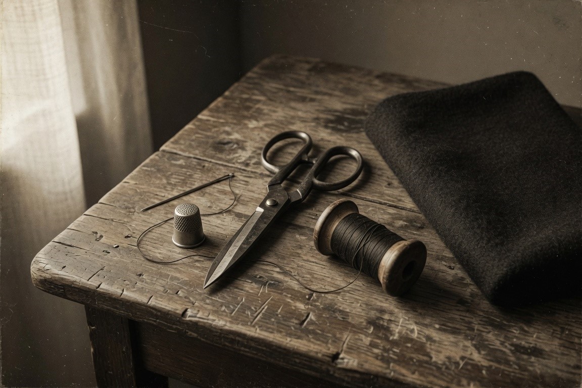 A still life of tailor’s shears, needle, thimble and folded dark cloth