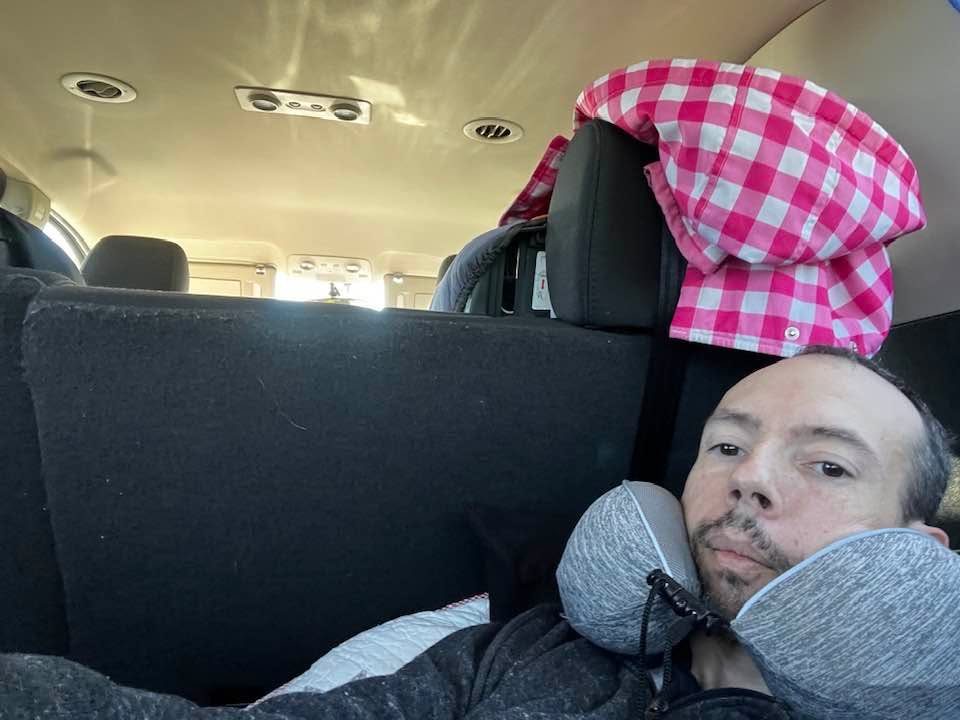 Lying in the back of the Acadia, en route to Edmonton