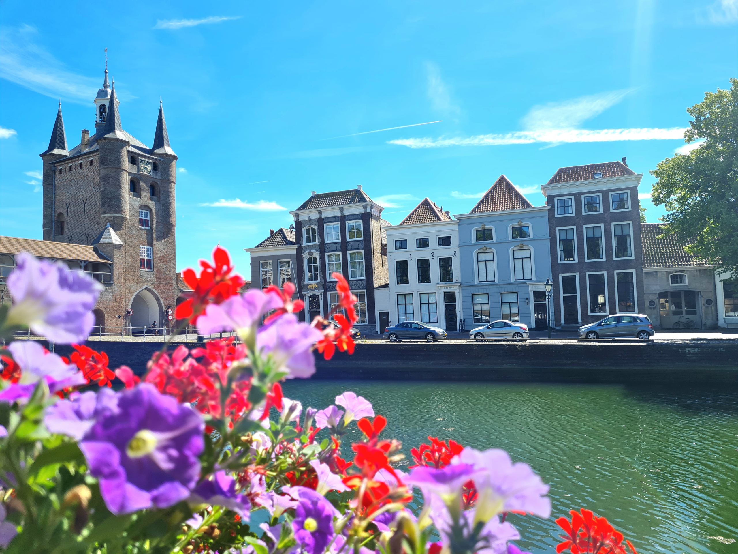 Canal, flowers and houses in Zierikzee, Zeeland