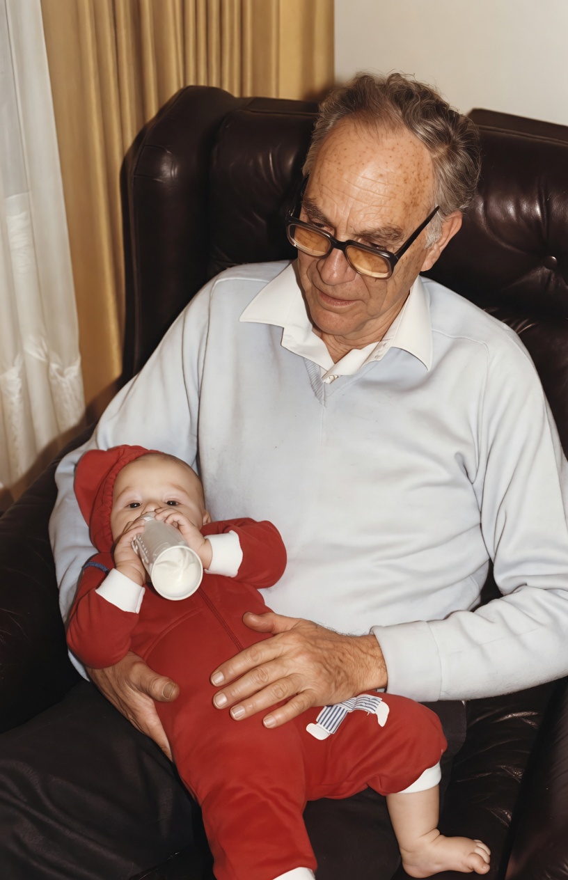 Rienk Lakeman Sr. holding his infant grandson Thomas, Calgary, about 1980