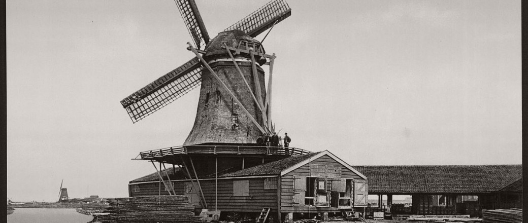 A nineteenth-century photograph of Dutch polder windmills