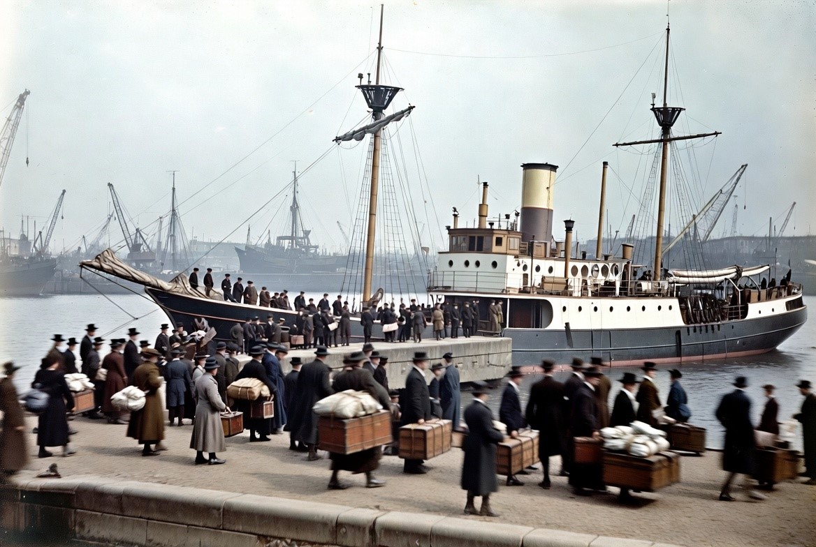 German emigrant families with trunks boarding a steam-and-sail ship at a busy harbour, 1890s
